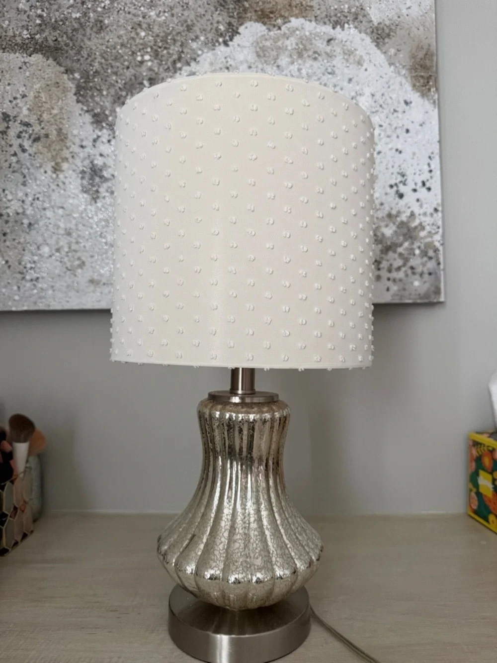 Elegant White Beaded Shade Table Lamp with Silver Mercury Glass Base